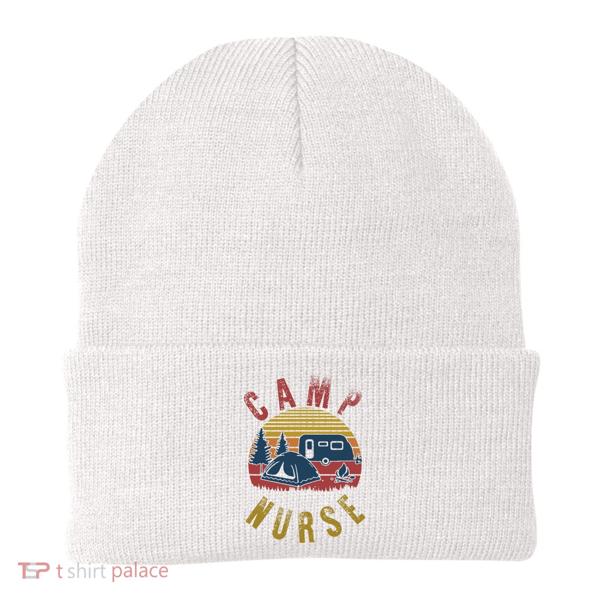 Camp Nurse Nursing Outdoor Summer Camping Retro Sunset Beanie