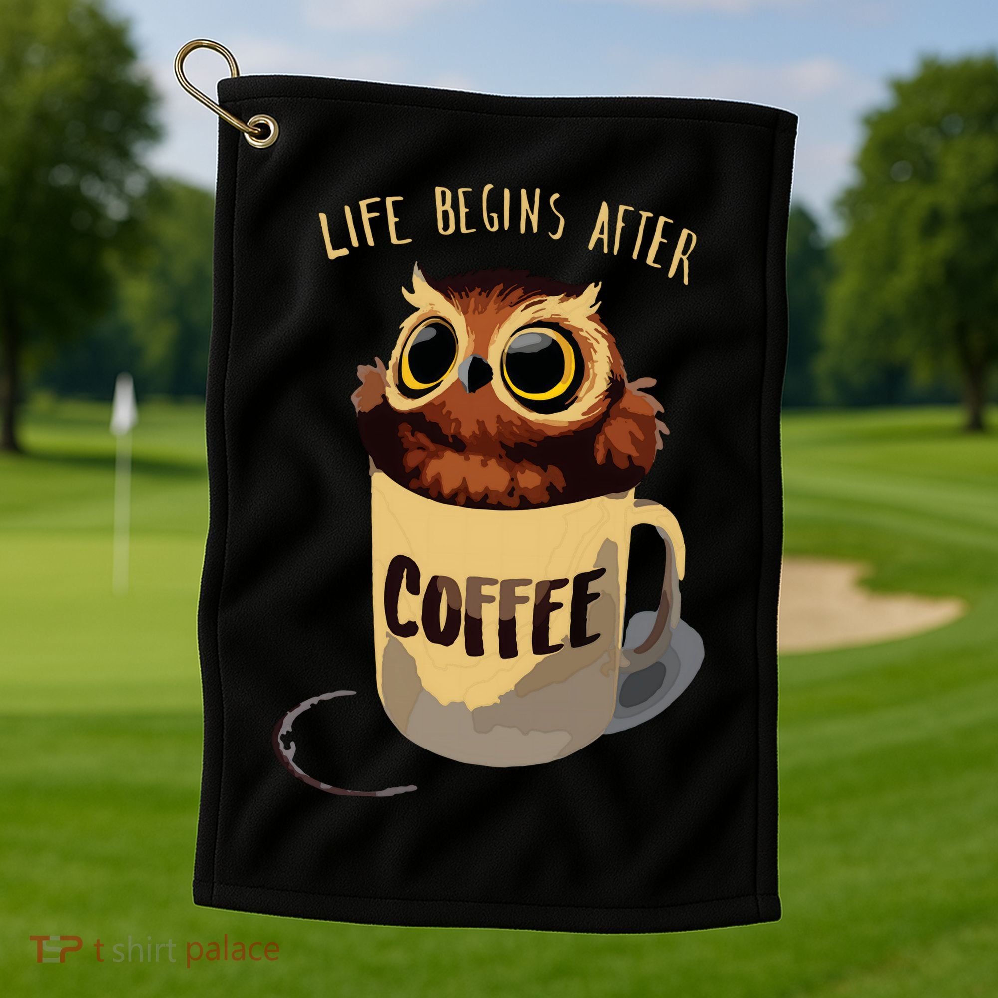 Cute Night Owl Coffee Golf Towel