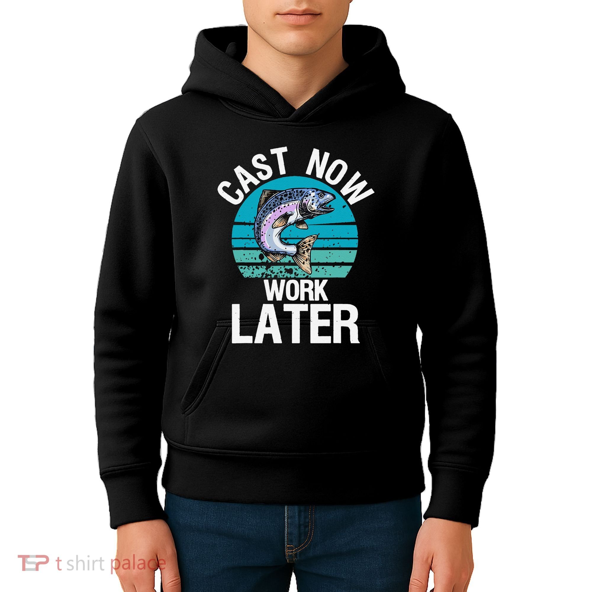 Cast Now Work Later Funny Fishing And Fisherman Kids Hoodie