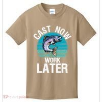 Cast Now Work Later Funny Fishing And Fisherman Kids T-Shirt thumb 0