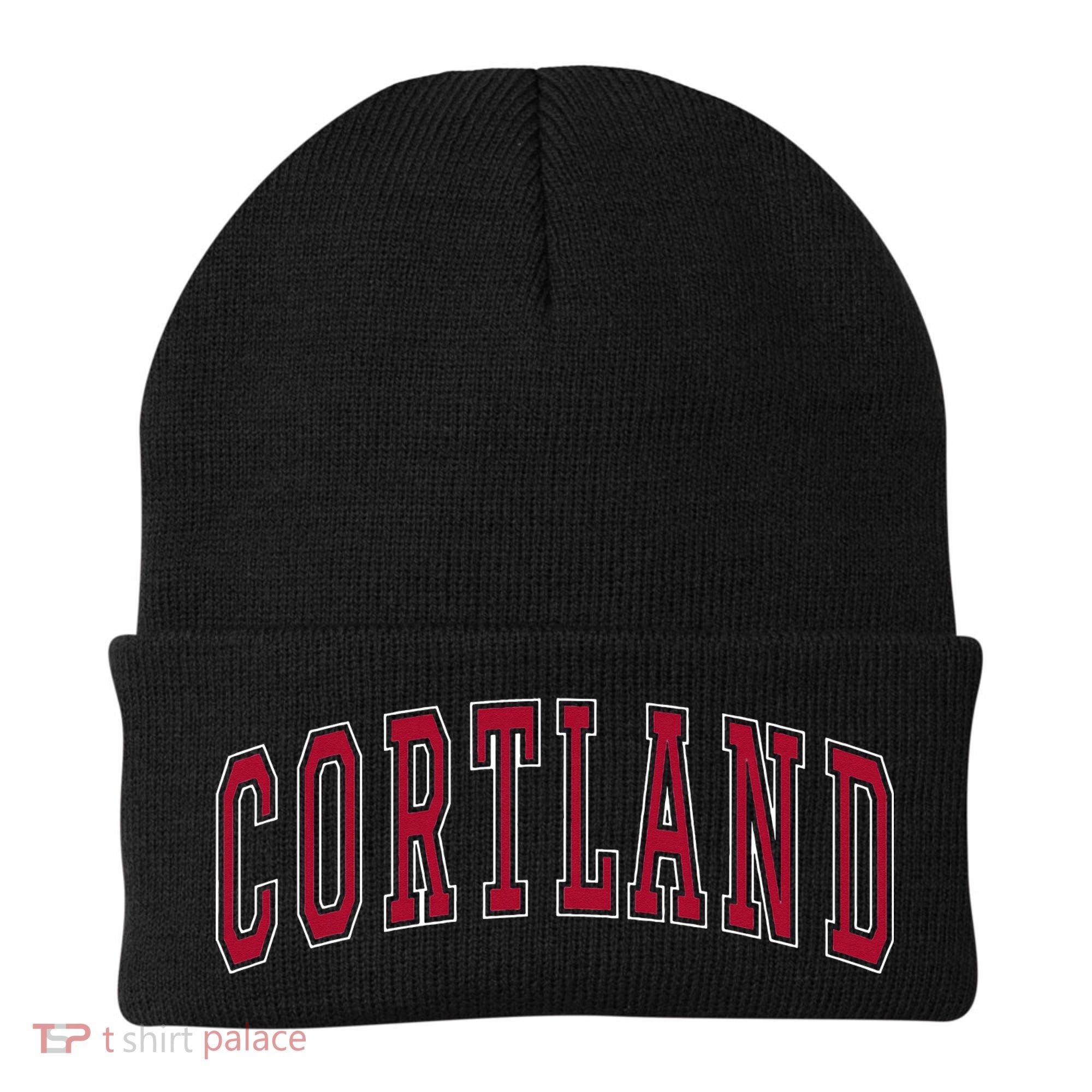 Cortland New York Souvenir College Style Red Text Beanie