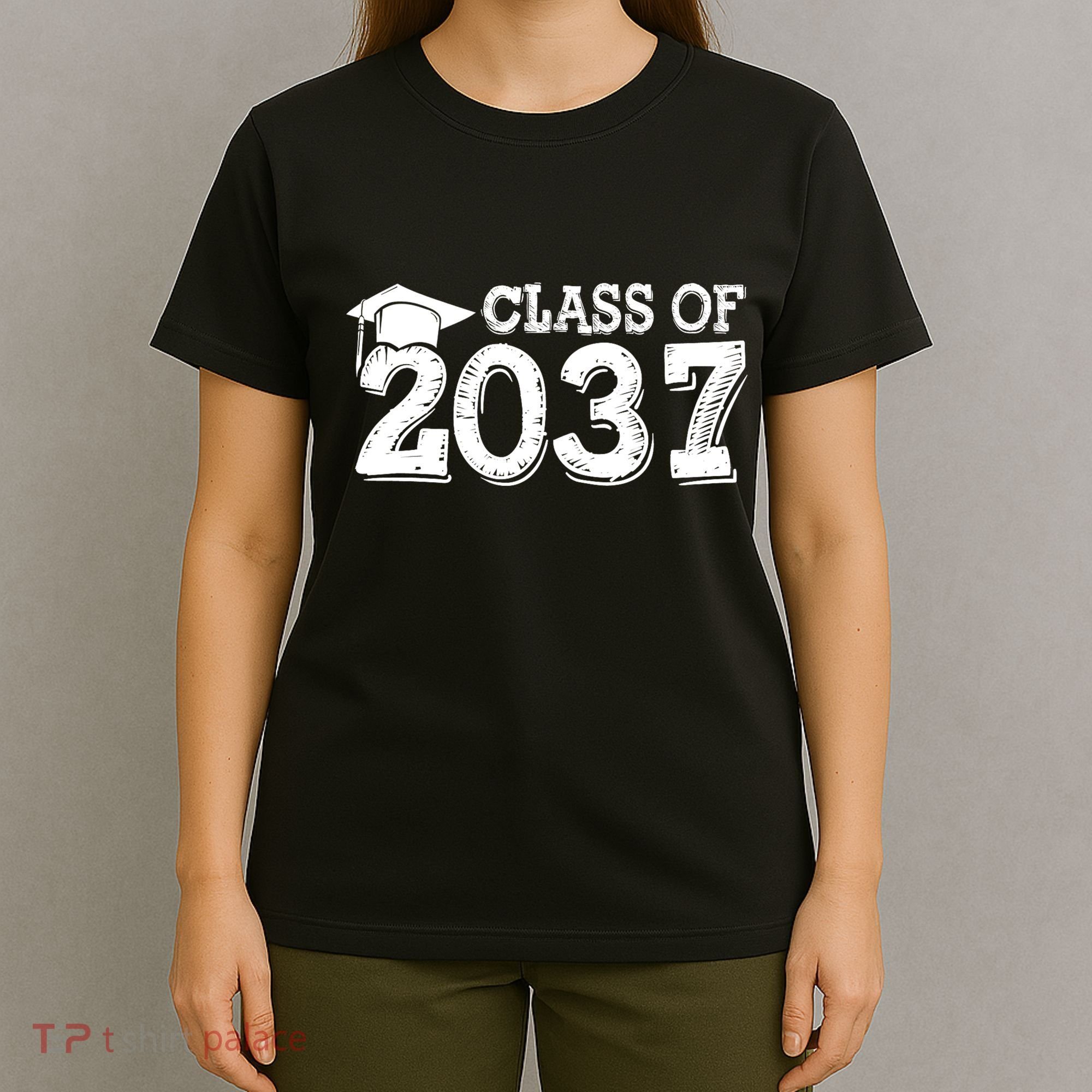 Class Of 2037 Grow With Me Handprints Space On Back T-Shirt