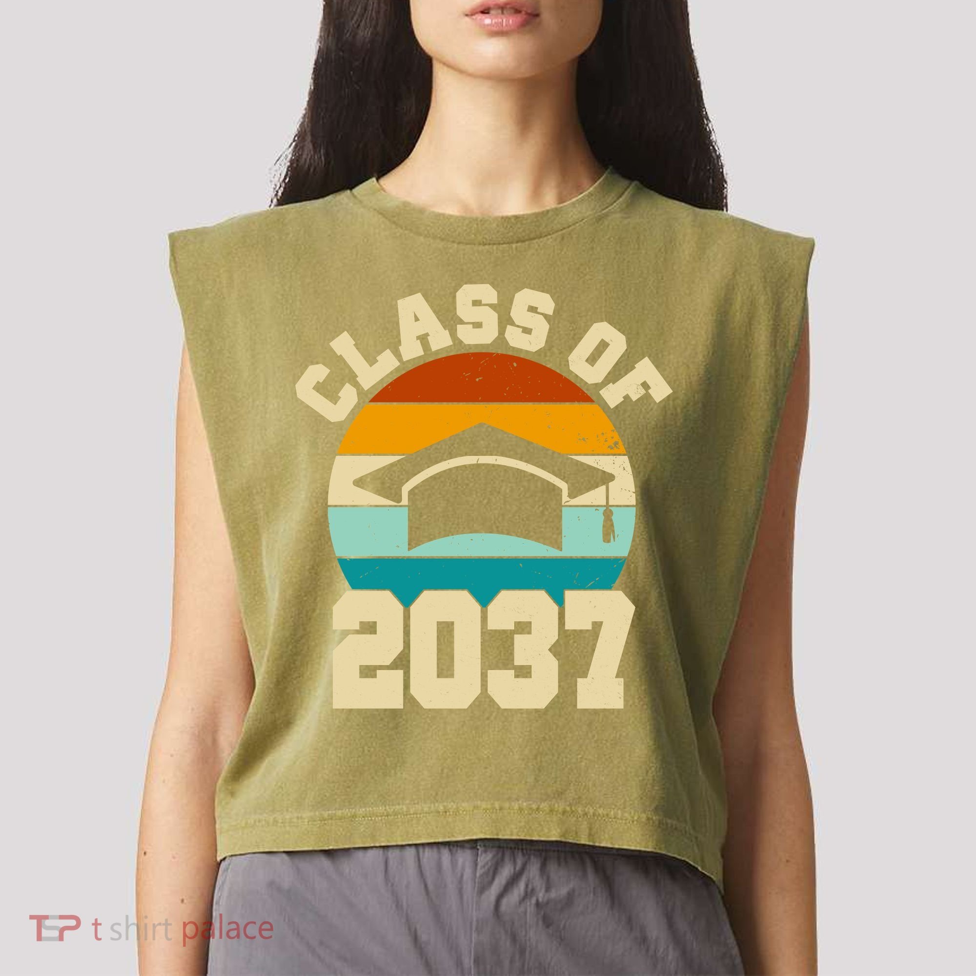 Class Of 2037 Kindergarten Graduation Retro Garment-Dyed Women's Muscle Tee