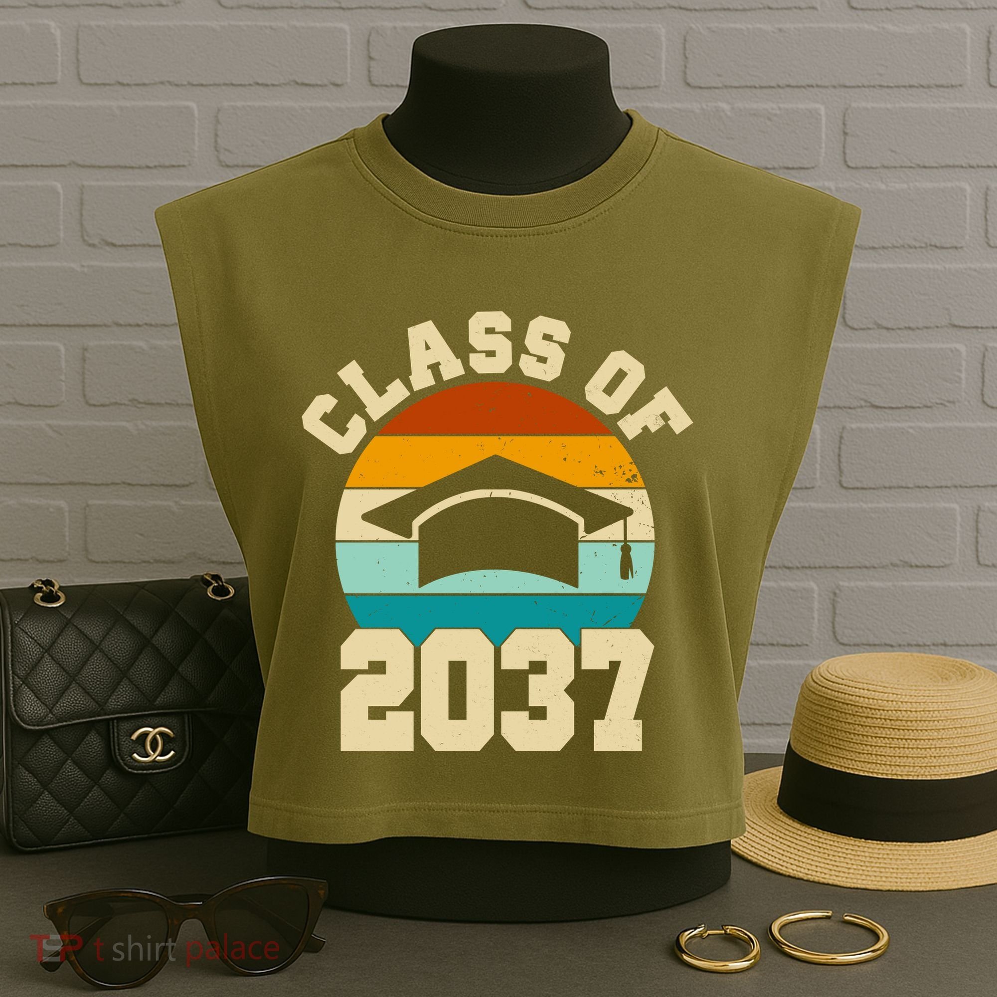 Class Of 2037 Kindergarten Graduation Retro Garment-Dyed Women's Muscle Tee