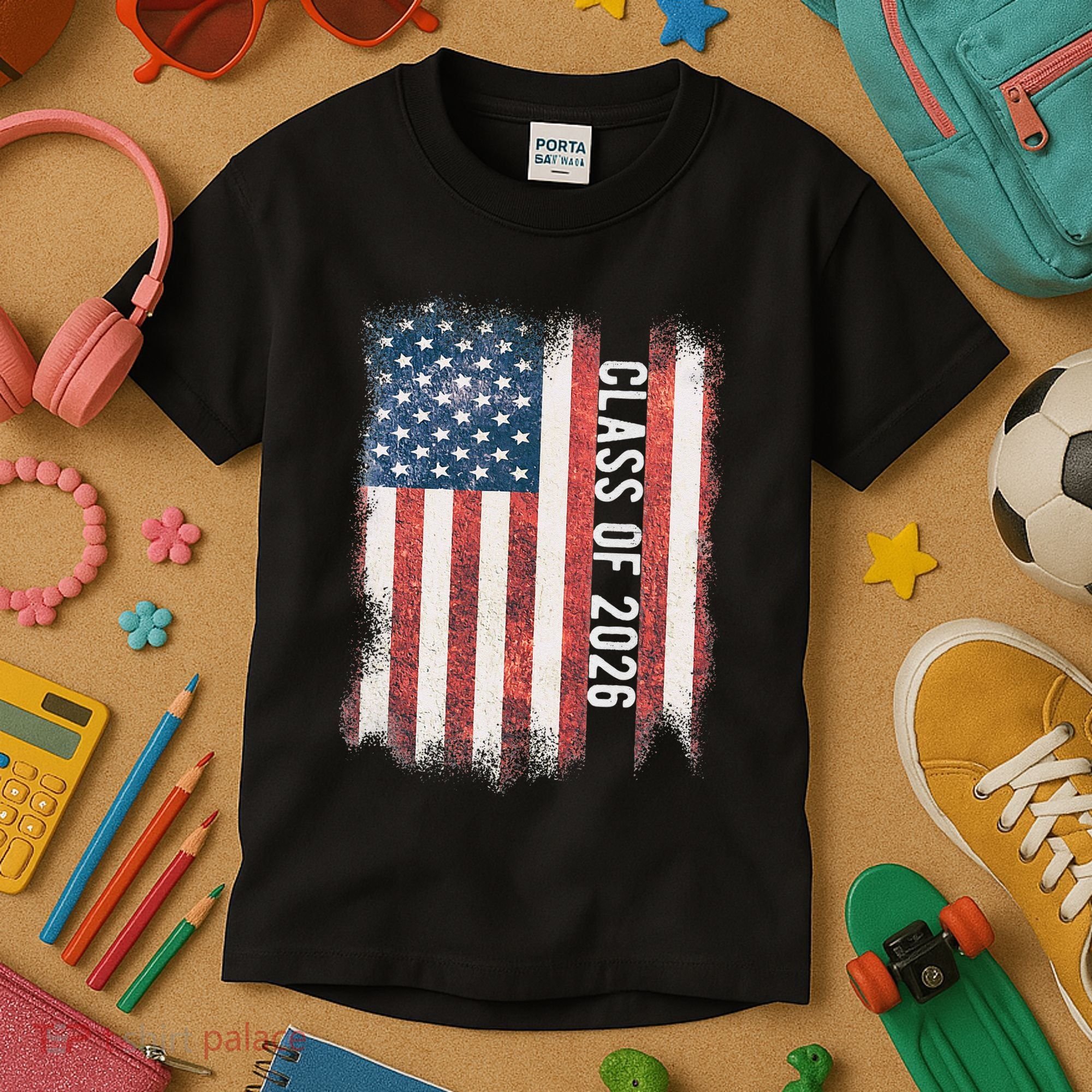 Class Of 2026 Patriotic American Flag Graduation Kids T-Shirt