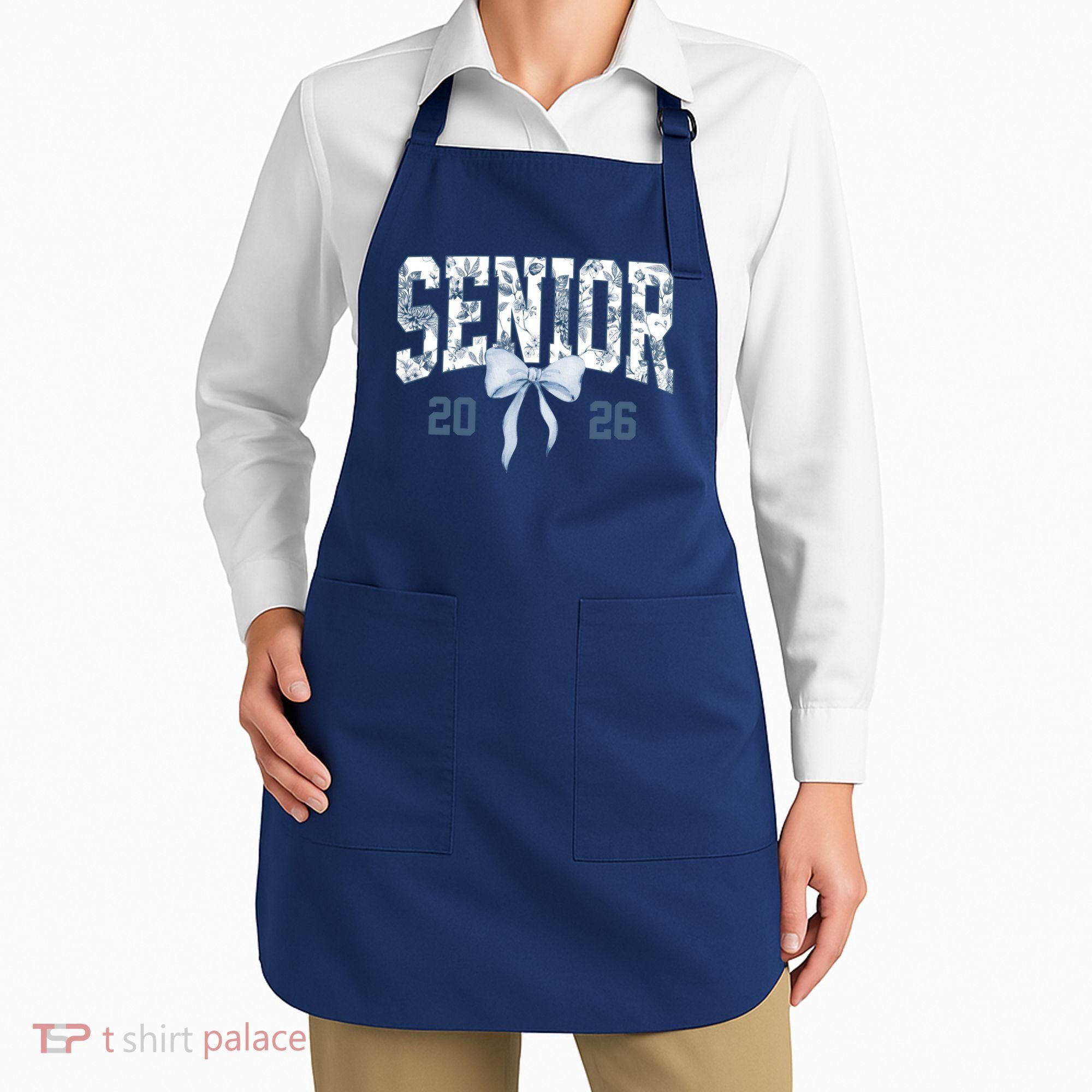 Class Of 2026 Senior Coquette Bow Blue Toile Floral Apron