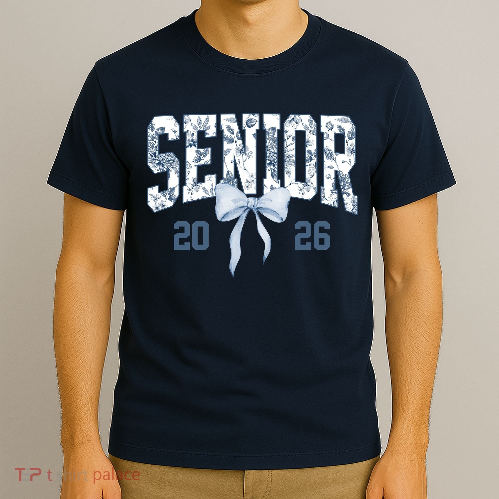 Class Of 2026 Senior Coquette Bow Blue Toile Floral T-Shirt