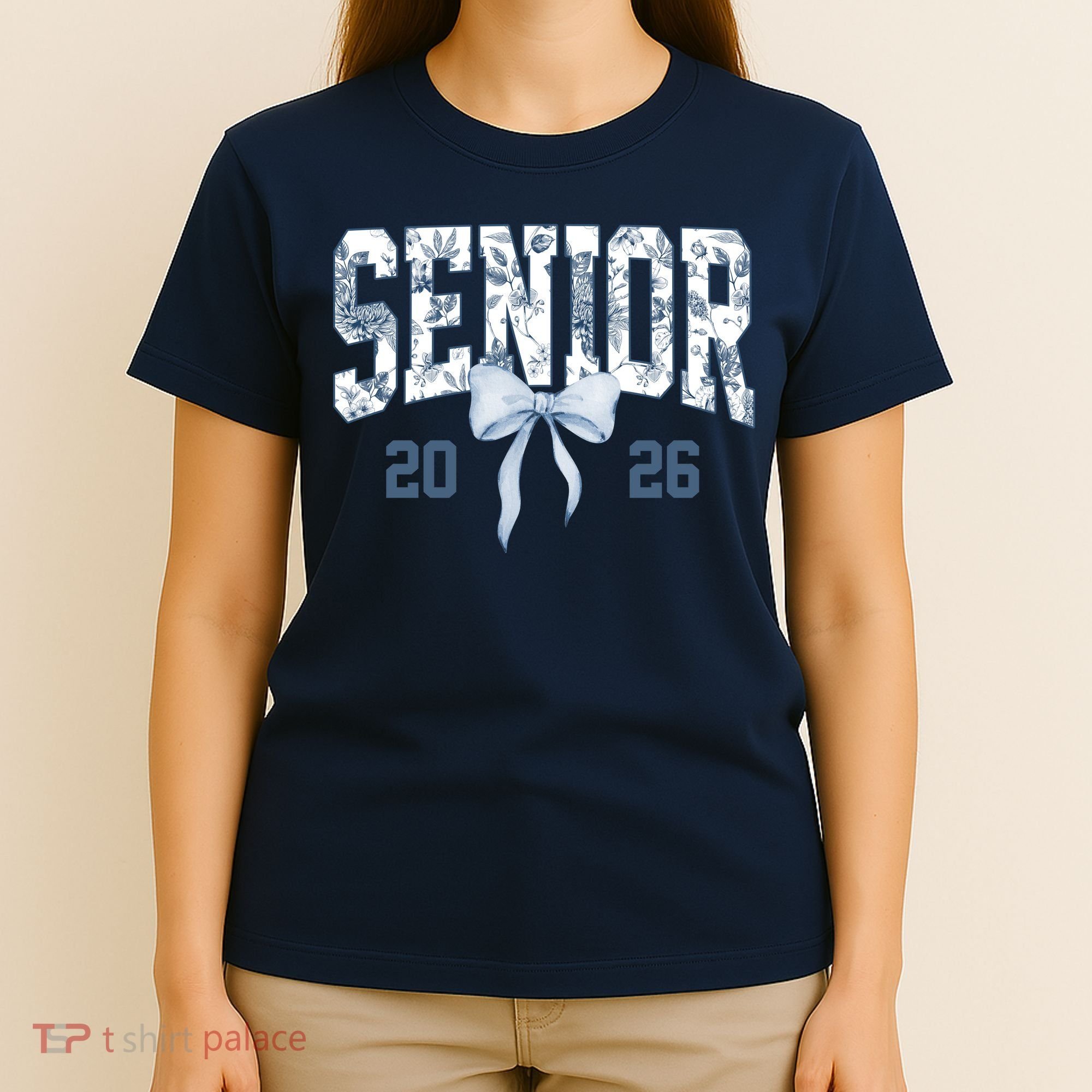 Class Of 2026 Senior Coquette Bow Blue Toile Floral T-Shirt