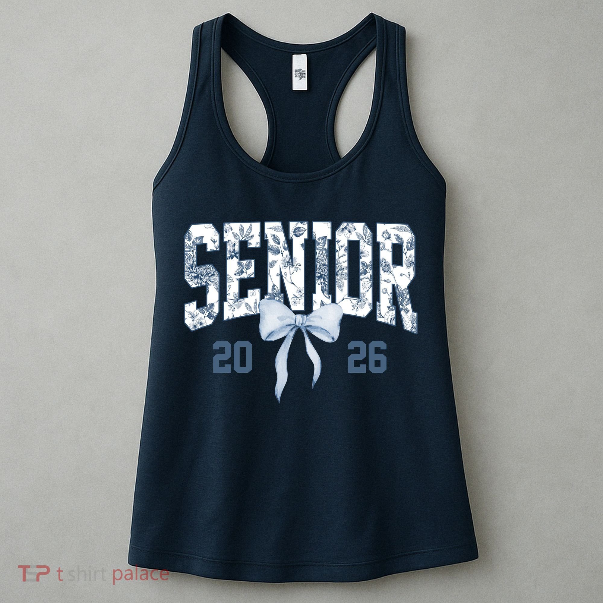 Class Of 2026 Senior Coquette Bow Blue Toile Floral Women's Tank Top