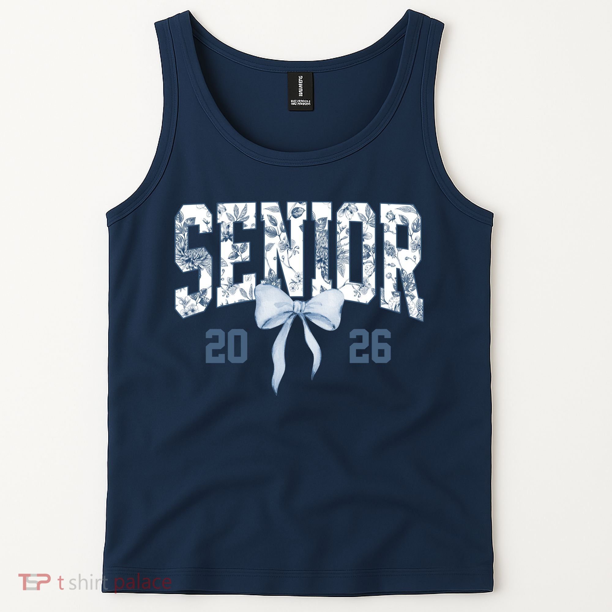 Class Of 2026 Senior Coquette Bow Blue Toile Floral Tank Top