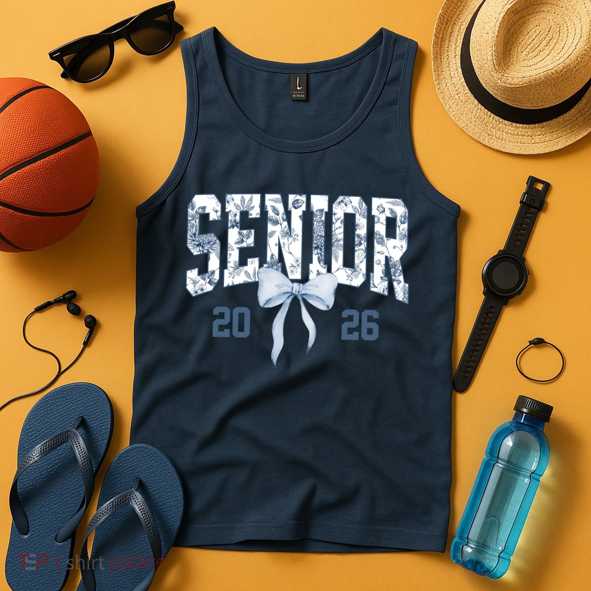 Class Of 2026 Senior Coquette Bow Blue Toile Floral Tank Top