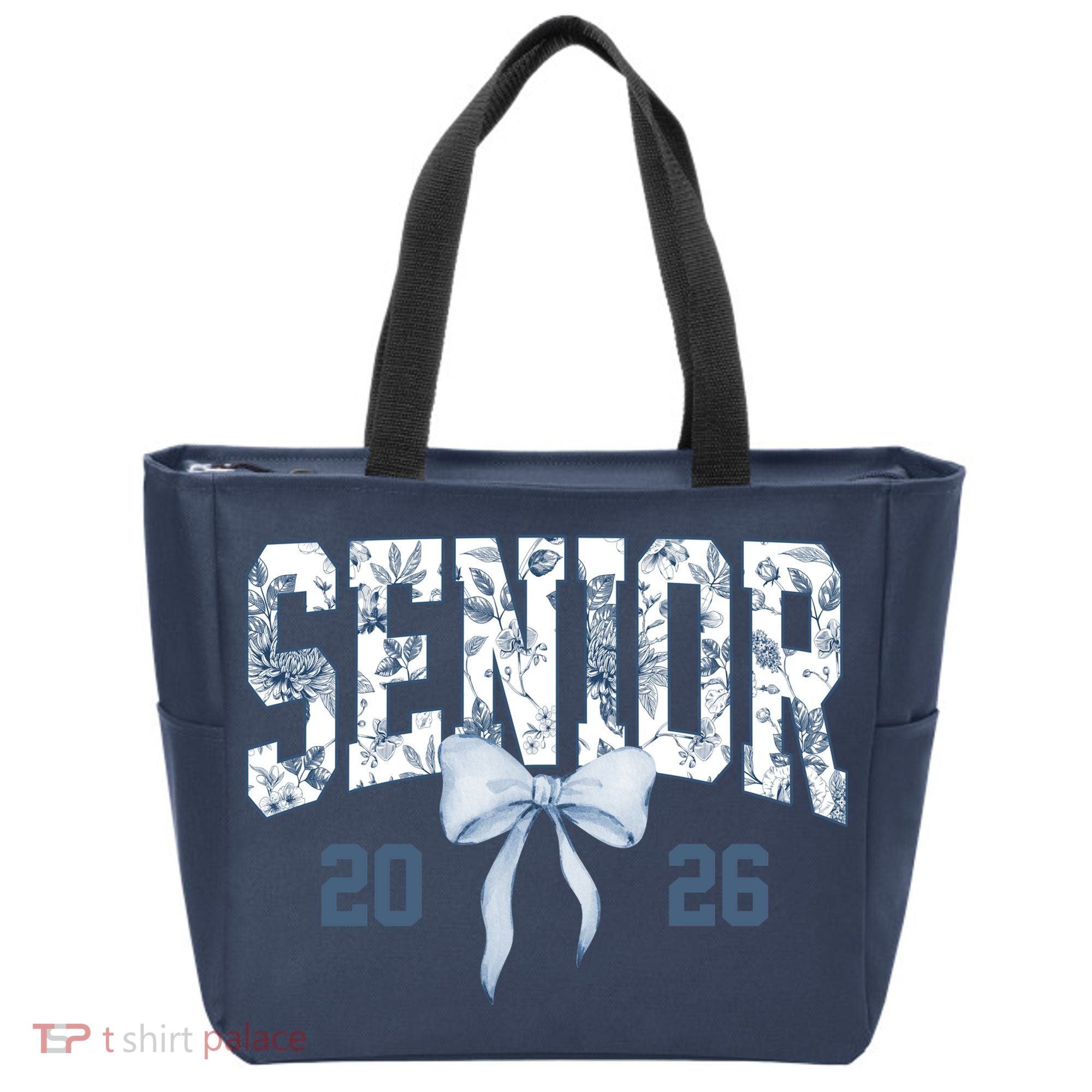 Class Of 2026 Senior Coquette Bow Blue Toile Floral Tote Bag