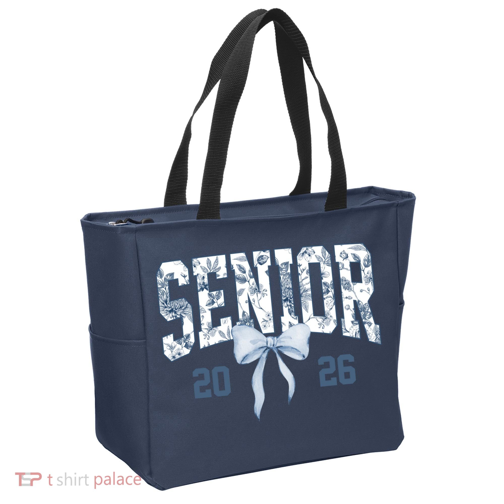 Class Of 2026 Senior Coquette Bow Blue Toile Floral Tote Bag