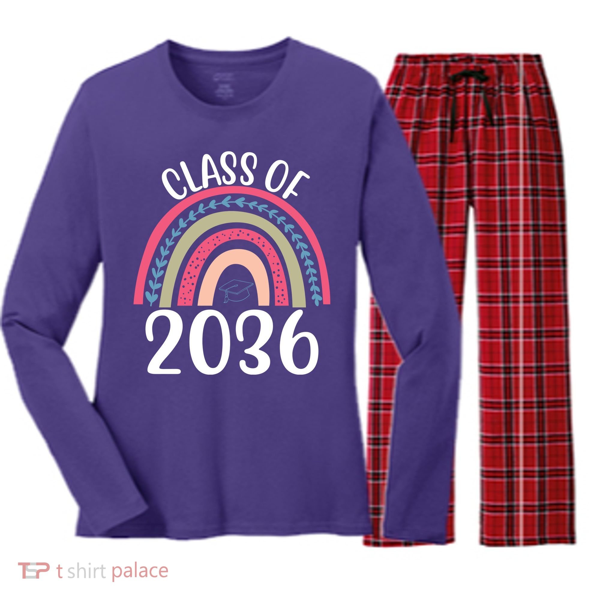Class Of 2036 Rainbow Graduation Women's Long Sleeve Flannel Pajama Set 