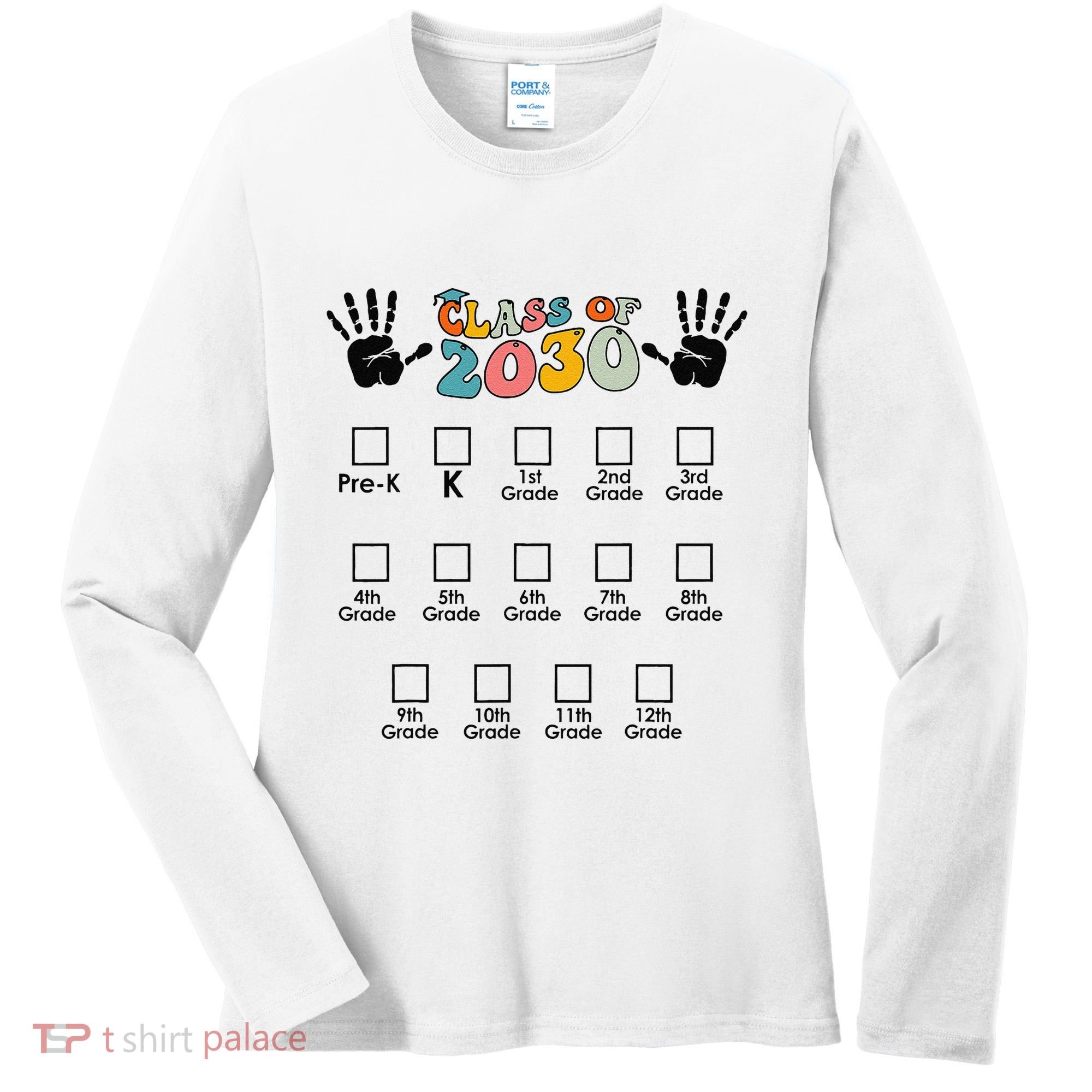 Class Of 2030 Grow With Me Checklist Prek 12th Retro K12 Women's Long Sleeve Shirt