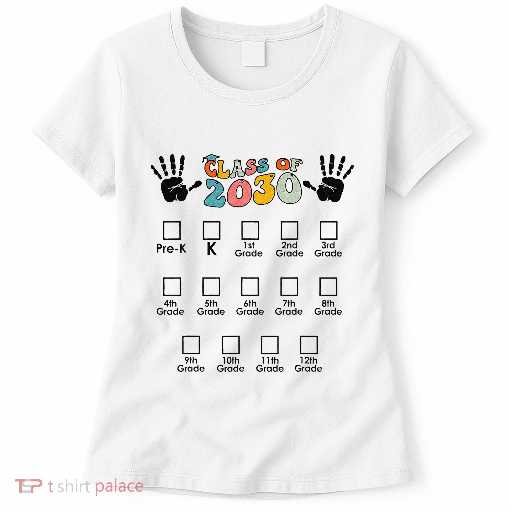 Class Of 2030 Grow With Me Checklist Prek 12th Retro K12 Women's T-Shirt