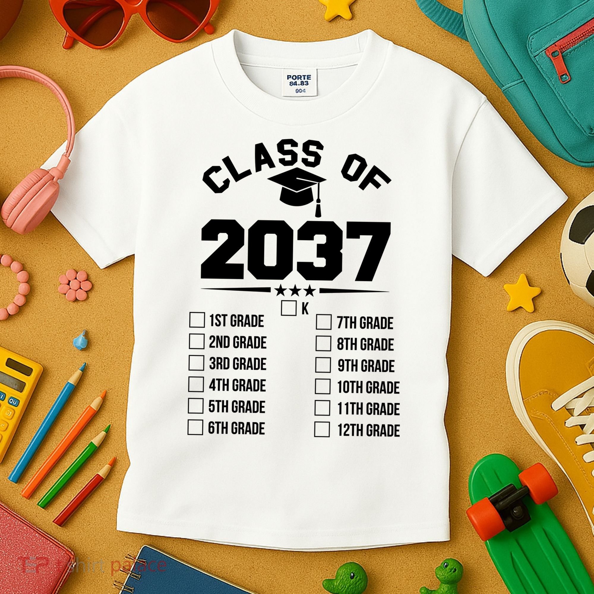 Class Of 2037 Grow With Me Checklist Kindergarten 12th Grade Kids T-Shirt