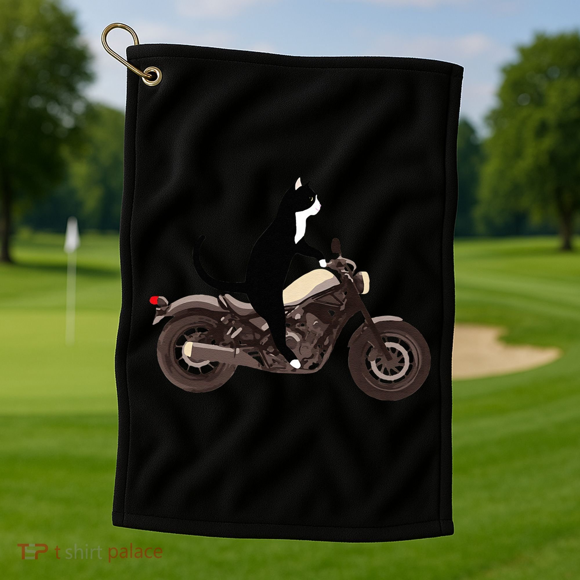 Cat On A Motorcycle Funny Golf Towel