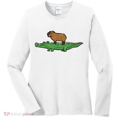 Capybara On Crocodile Capy Alligator Rodent Women's Long Sleeve Shirt