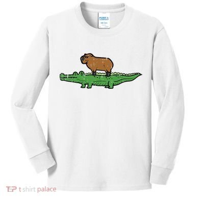 Capybara On Crocodile Capy Alligator Rodent Kids Long Sleeve Shirt