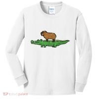 Capybara On Crocodile Capy Alligator Rodent Kids Long Sleeve Shirt thumb 0