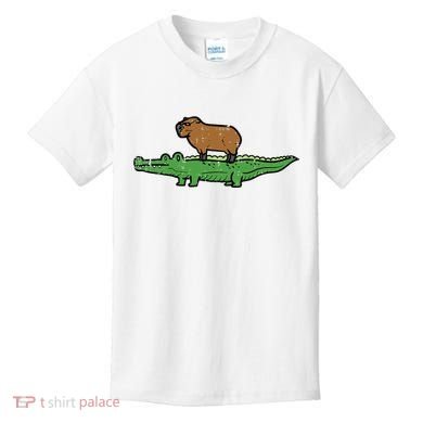 Capybara On Crocodile Capy Alligator Rodent Kids T-Shirt
