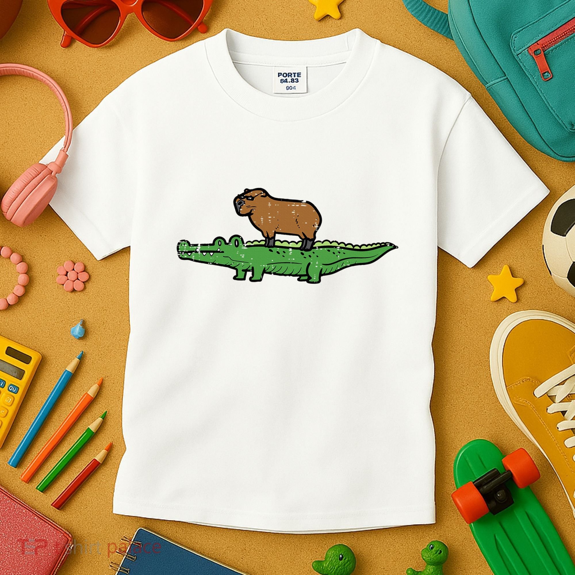 Capybara On Crocodile Capy Alligator Rodent Kids T-Shirt