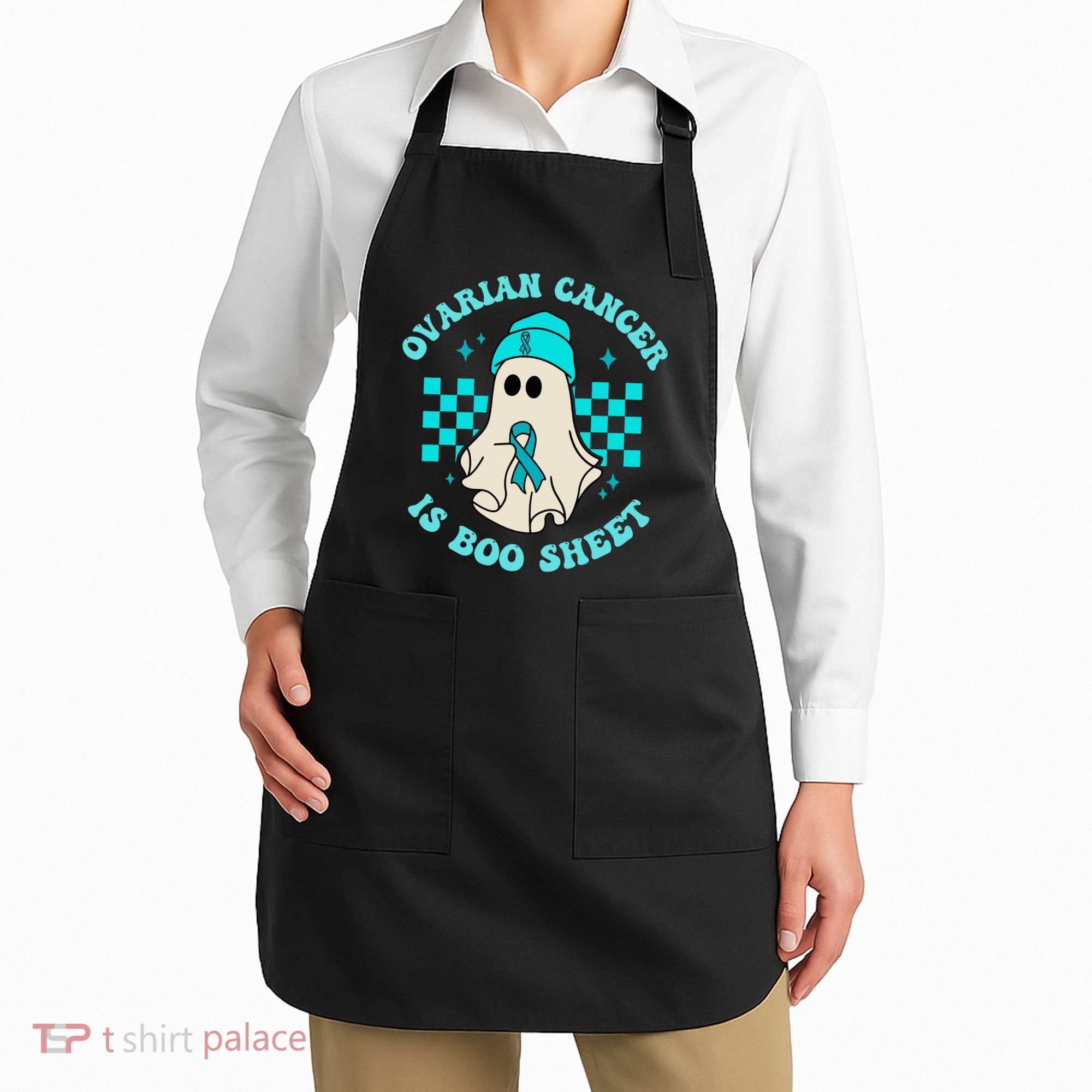 Cute Ovarian Cancer Is Boo Sheet Halloween Ghost Teal Ribbon Apron