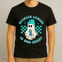 Cute Ovarian Cancer Is Boo Sheet Halloween Ghost Teal Ribbon T-Shirt thumb 3