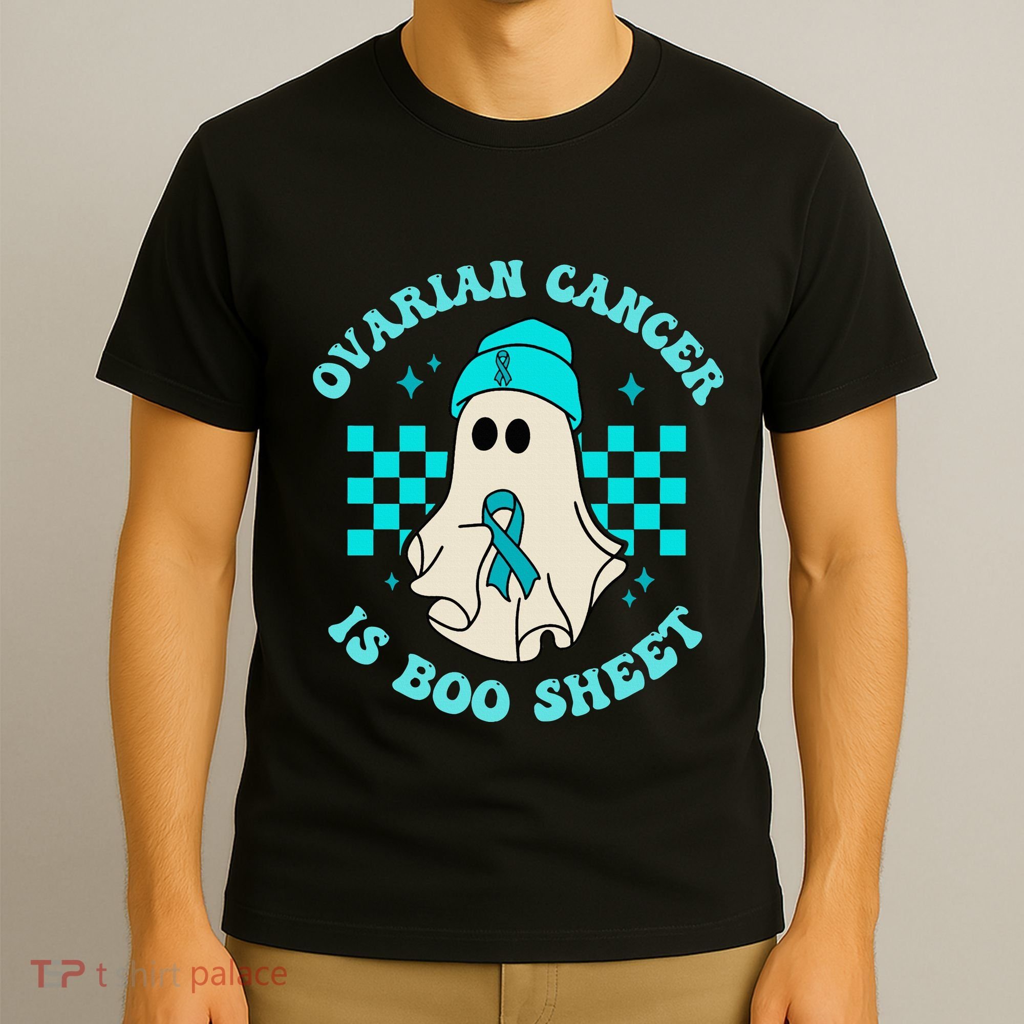 Cute Ovarian Cancer Is Boo Sheet Halloween Ghost Teal Ribbon T-Shirt