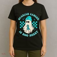 Cute Ovarian Cancer Is Boo Sheet Halloween Ghost Teal Ribbon T-Shirt thumb 4