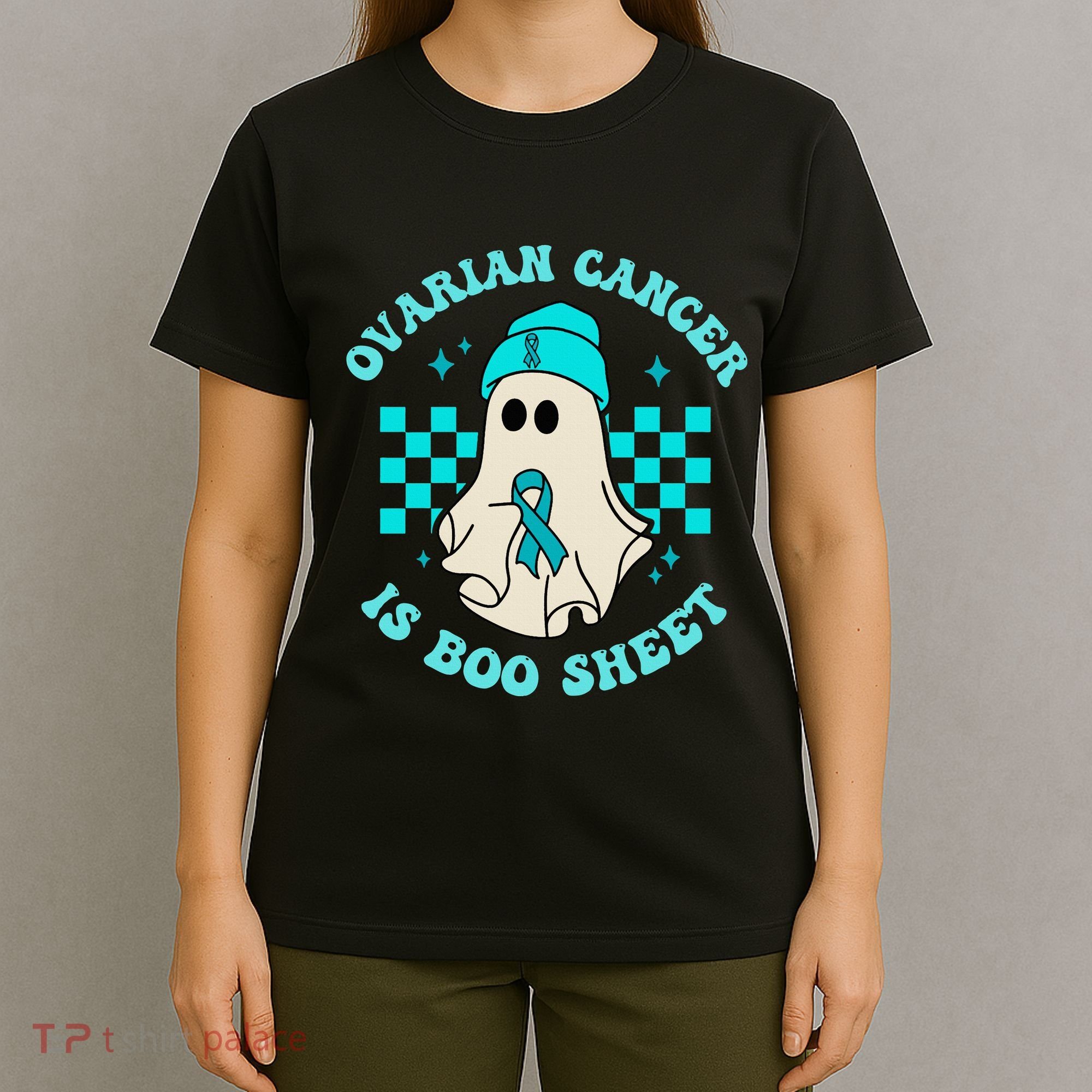 Cute Ovarian Cancer Is Boo Sheet Halloween Ghost Teal Ribbon T-Shirt