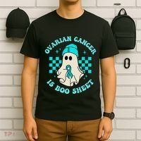 Cute Ovarian Cancer Is Boo Sheet Halloween Ghost Teal Ribbon T-Shirt thumb 6
