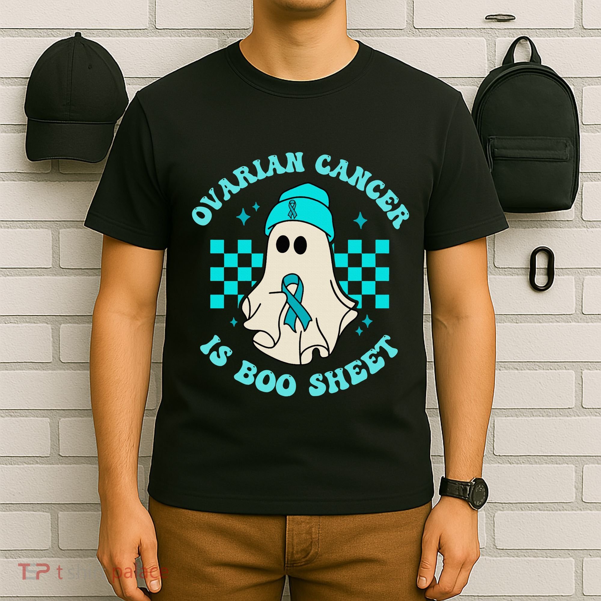 Cute Ovarian Cancer Is Boo Sheet Halloween Ghost Teal Ribbon T-Shirt