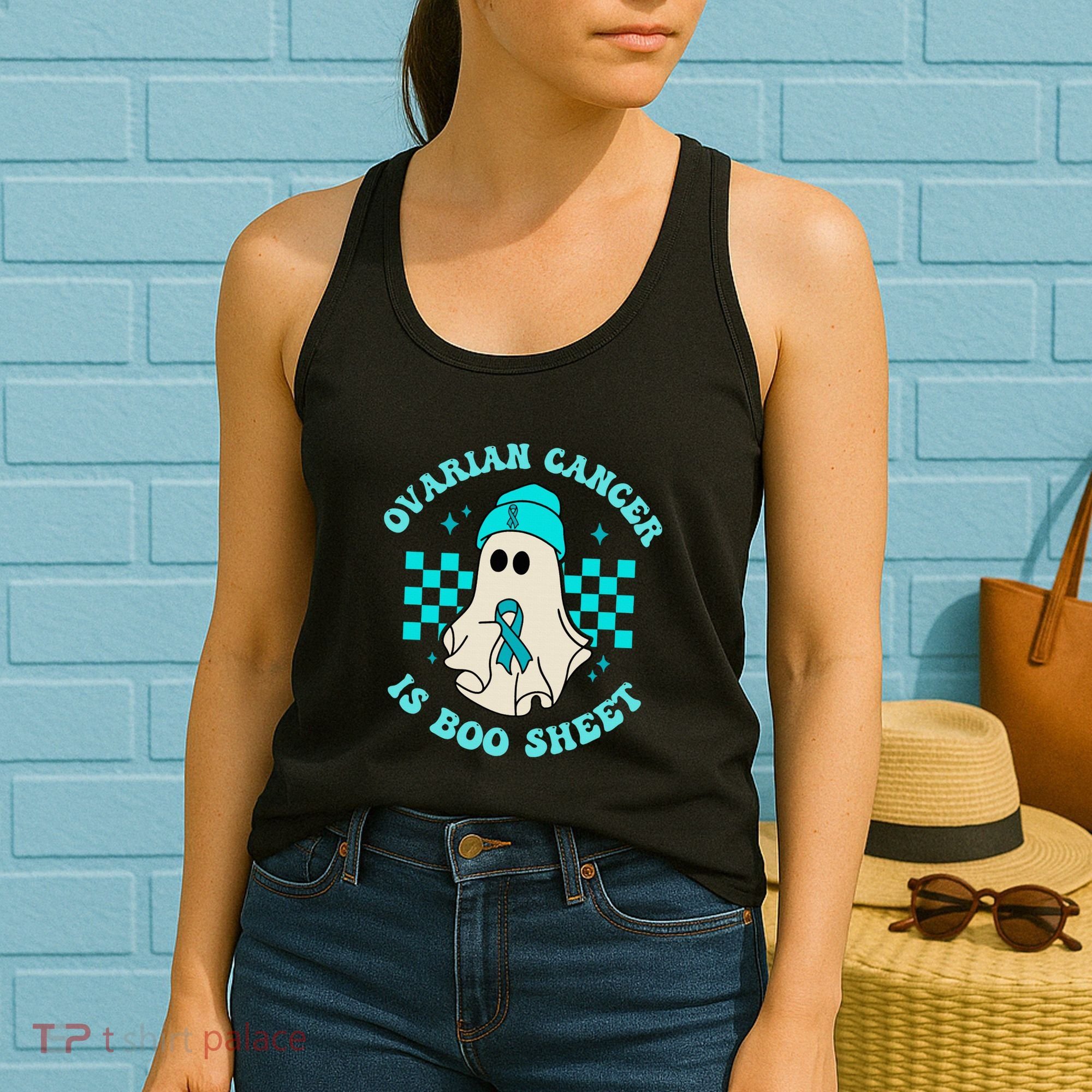 Cute Ovarian Cancer Is Boo Sheet Halloween Ghost Teal Ribbon Women's Tank Top