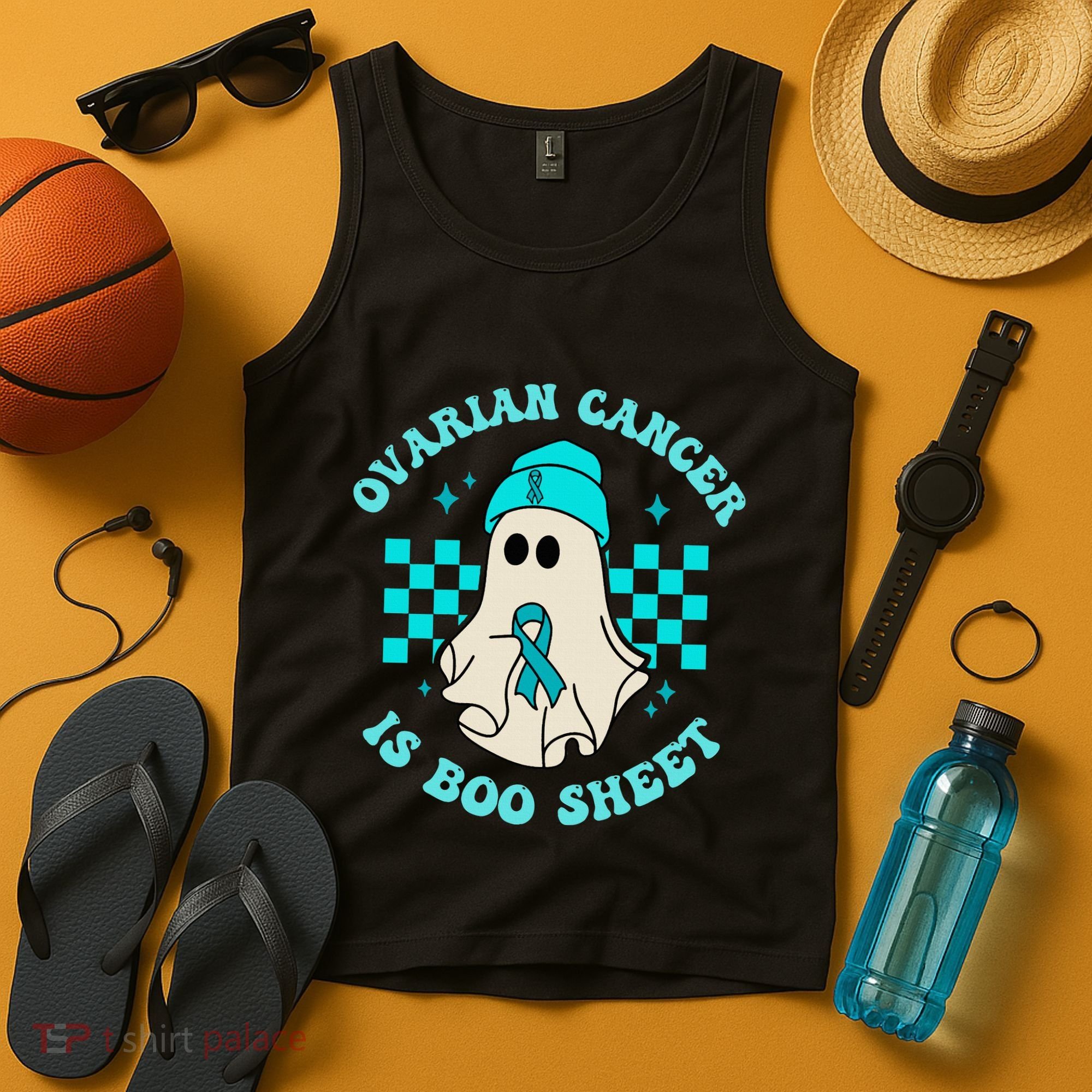 Cute Ovarian Cancer Is Boo Sheet Halloween Ghost Teal Ribbon Tank Top