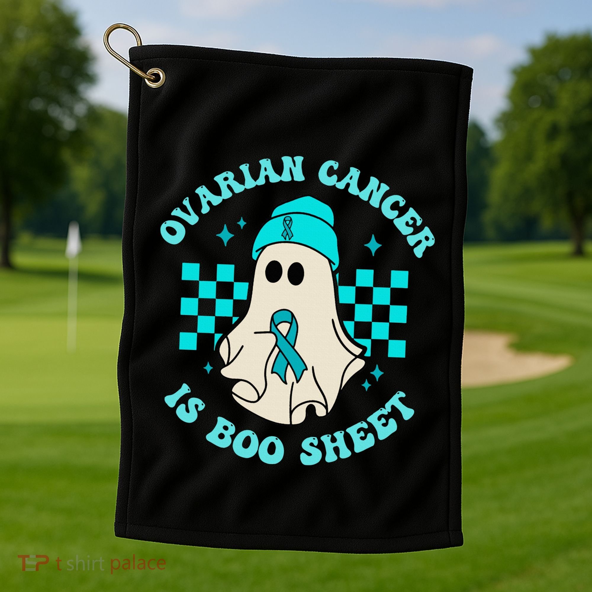 Cute Ovarian Cancer Is Boo Sheet Halloween Ghost Teal Ribbon Golf Towel