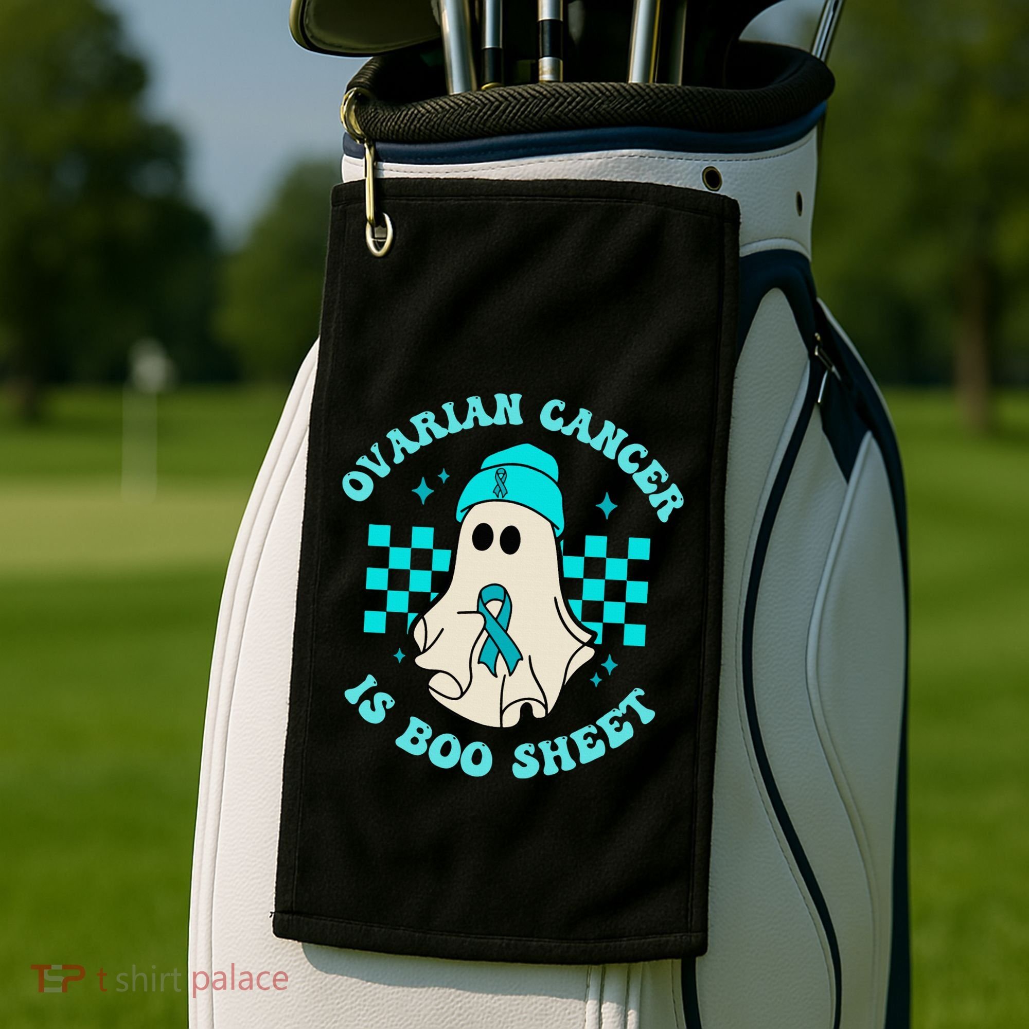 Cute Ovarian Cancer Is Boo Sheet Halloween Ghost Teal Ribbon Golf Towel