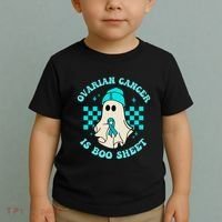 Cute Ovarian Cancer Is Boo Sheet Halloween Ghost Teal Ribbon Toddler T-Shirt thumb 2