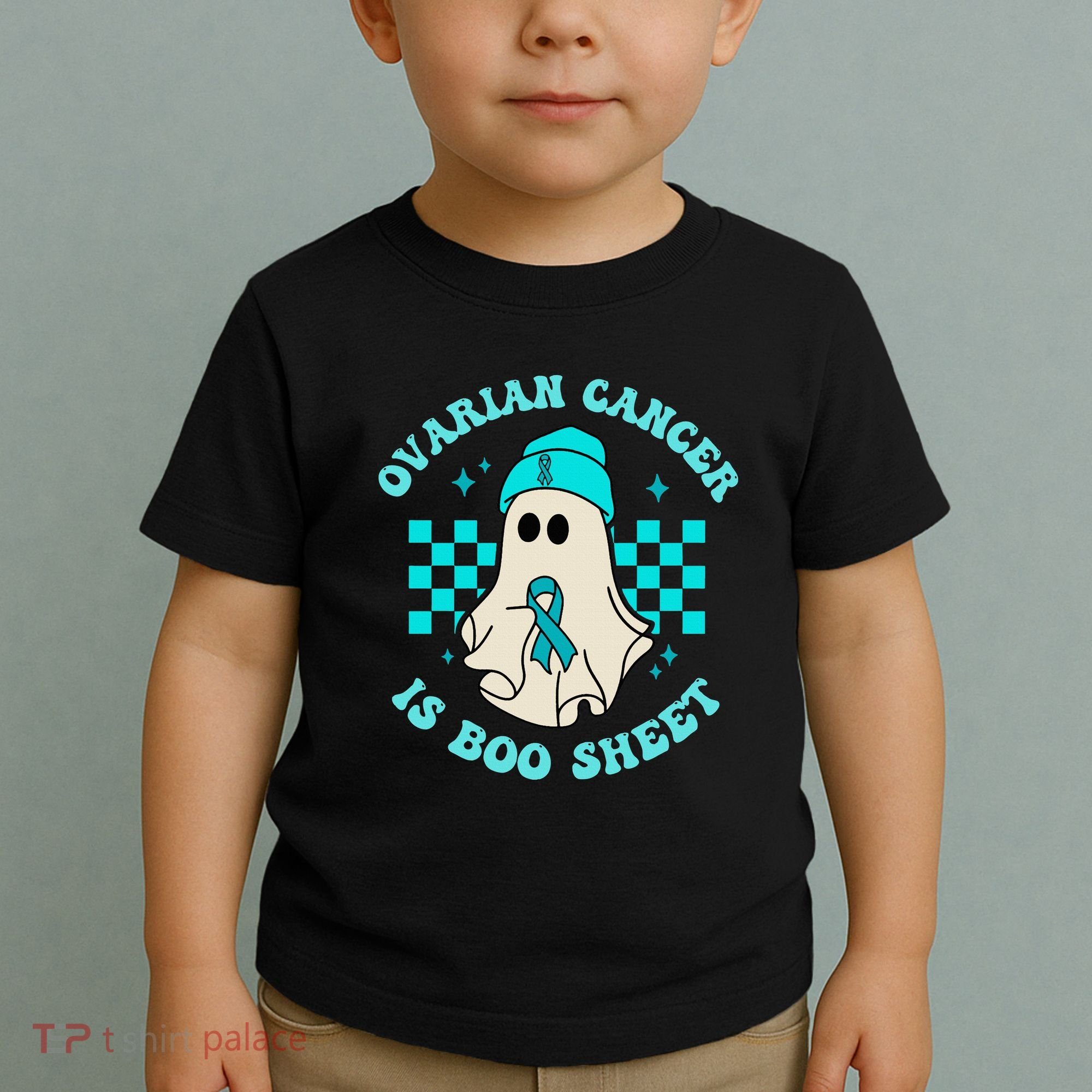 Cute Ovarian Cancer Is Boo Sheet Halloween Ghost Teal Ribbon Toddler T-Shirt