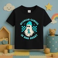 Cute Ovarian Cancer Is Boo Sheet Halloween Ghost Teal Ribbon Toddler T-Shirt thumb 3