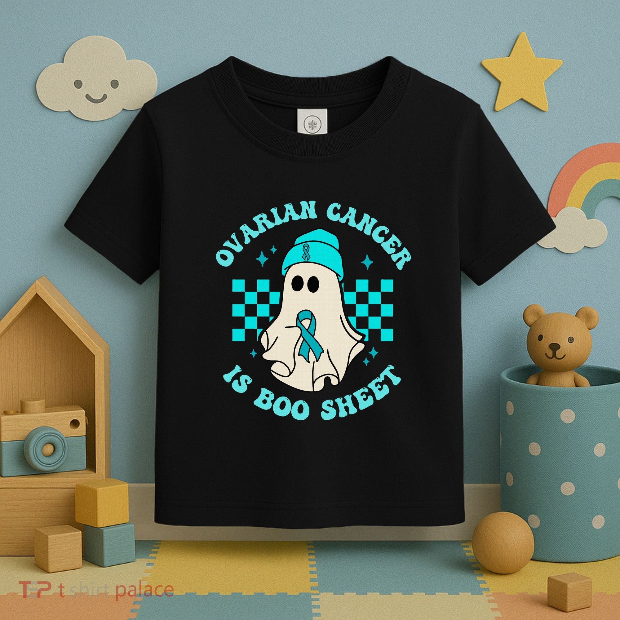 Cute Ovarian Cancer Is Boo Sheet Halloween Ghost Teal Ribbon Toddler T-Shirt
