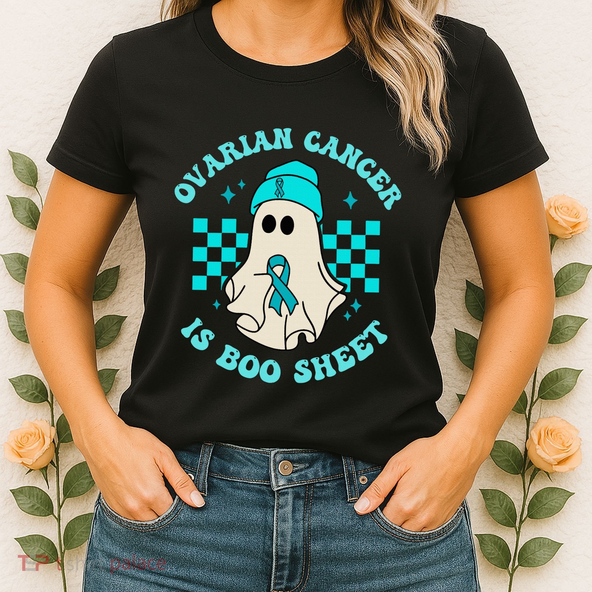 Cute Ovarian Cancer Is Boo Sheet Halloween Ghost Teal Ribbon Women's T-Shirt