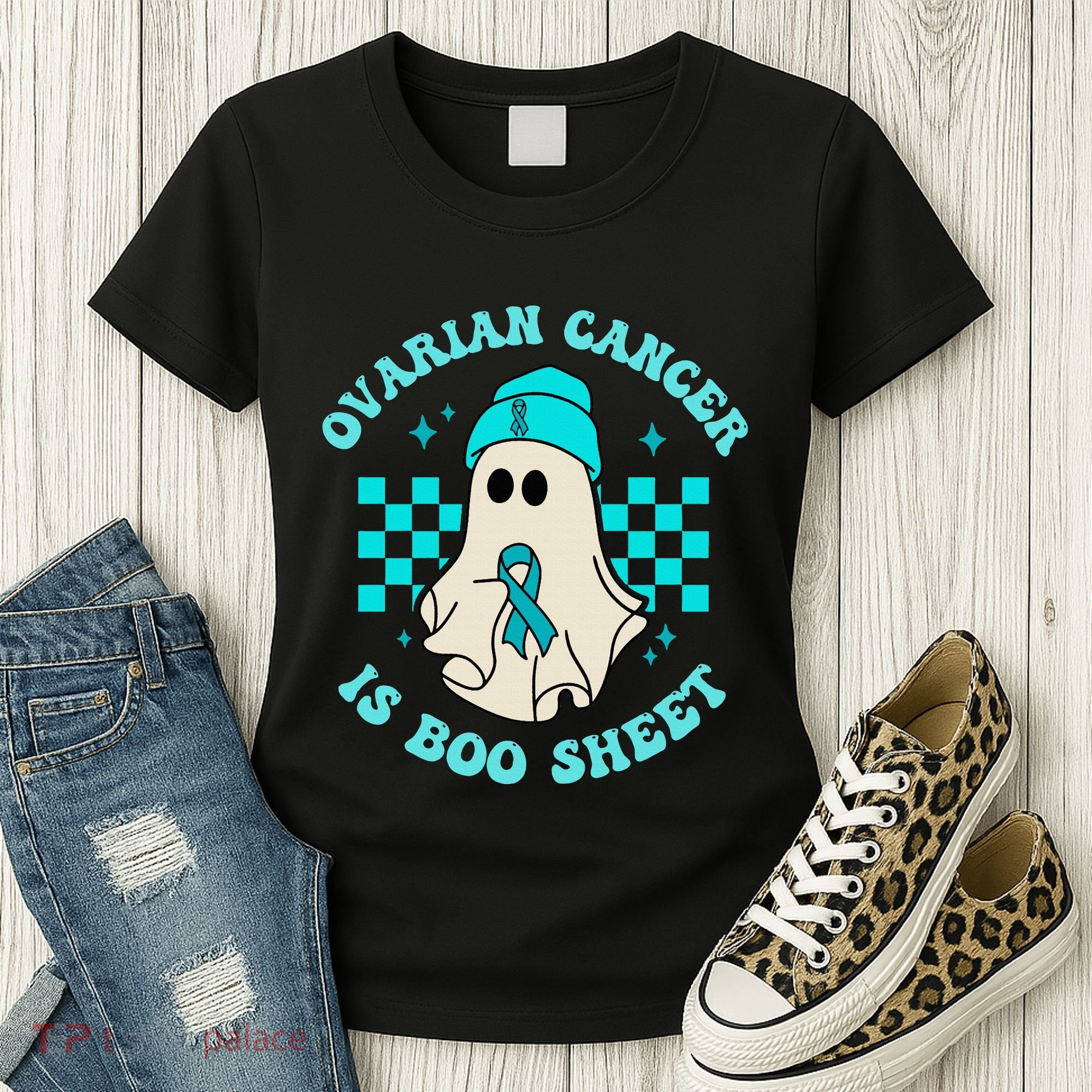 Cute Ovarian Cancer Is Boo Sheet Halloween Ghost Teal Ribbon Women's T-Shirt