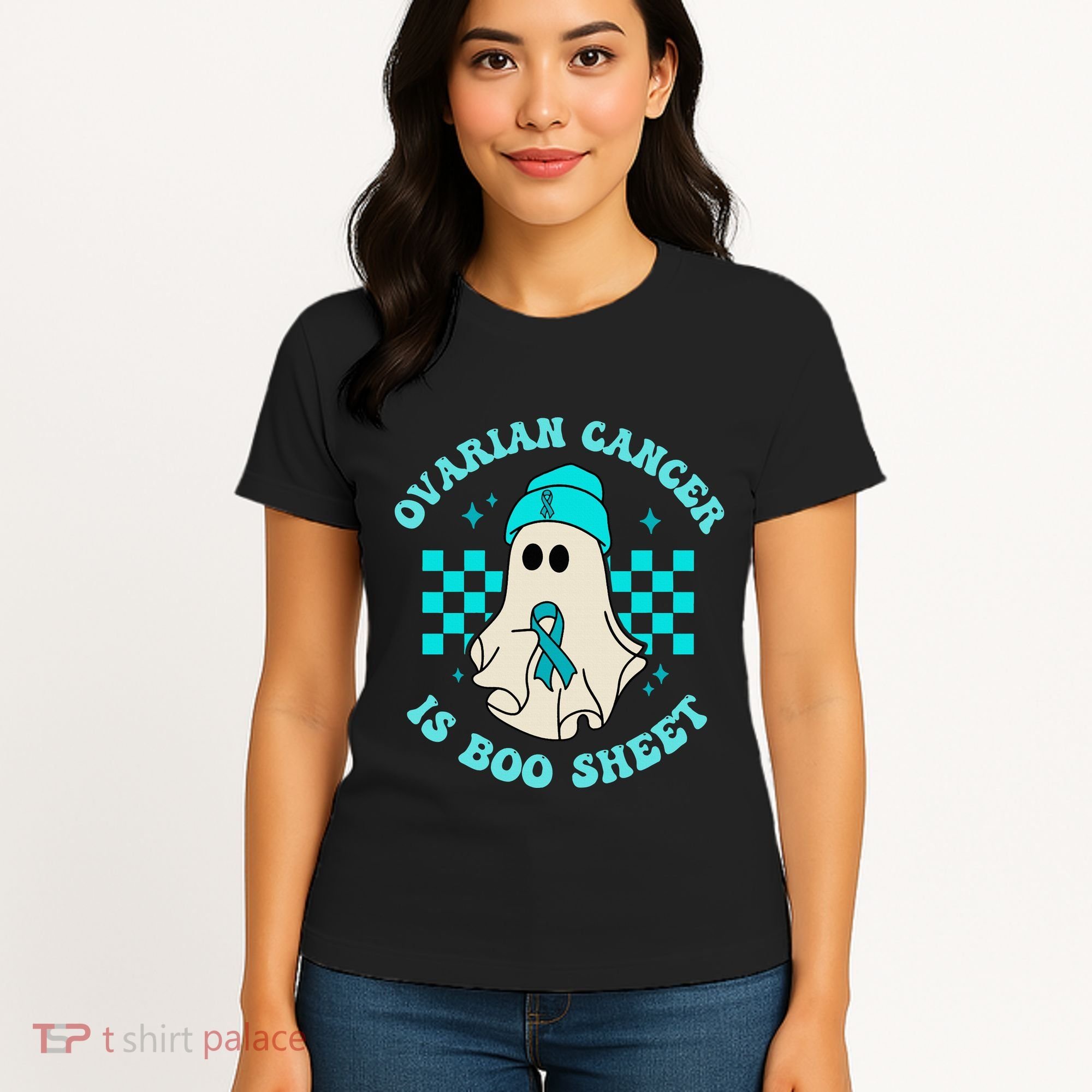 Cute Ovarian Cancer Is Boo Sheet Halloween Ghost Teal Ribbon Women's T-Shirt