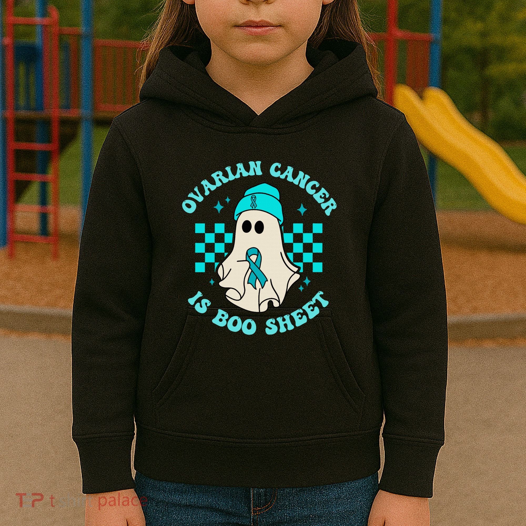 Cute Ovarian Cancer Is Boo Sheet Halloween Ghost Teal Ribbon Kids Hoodie