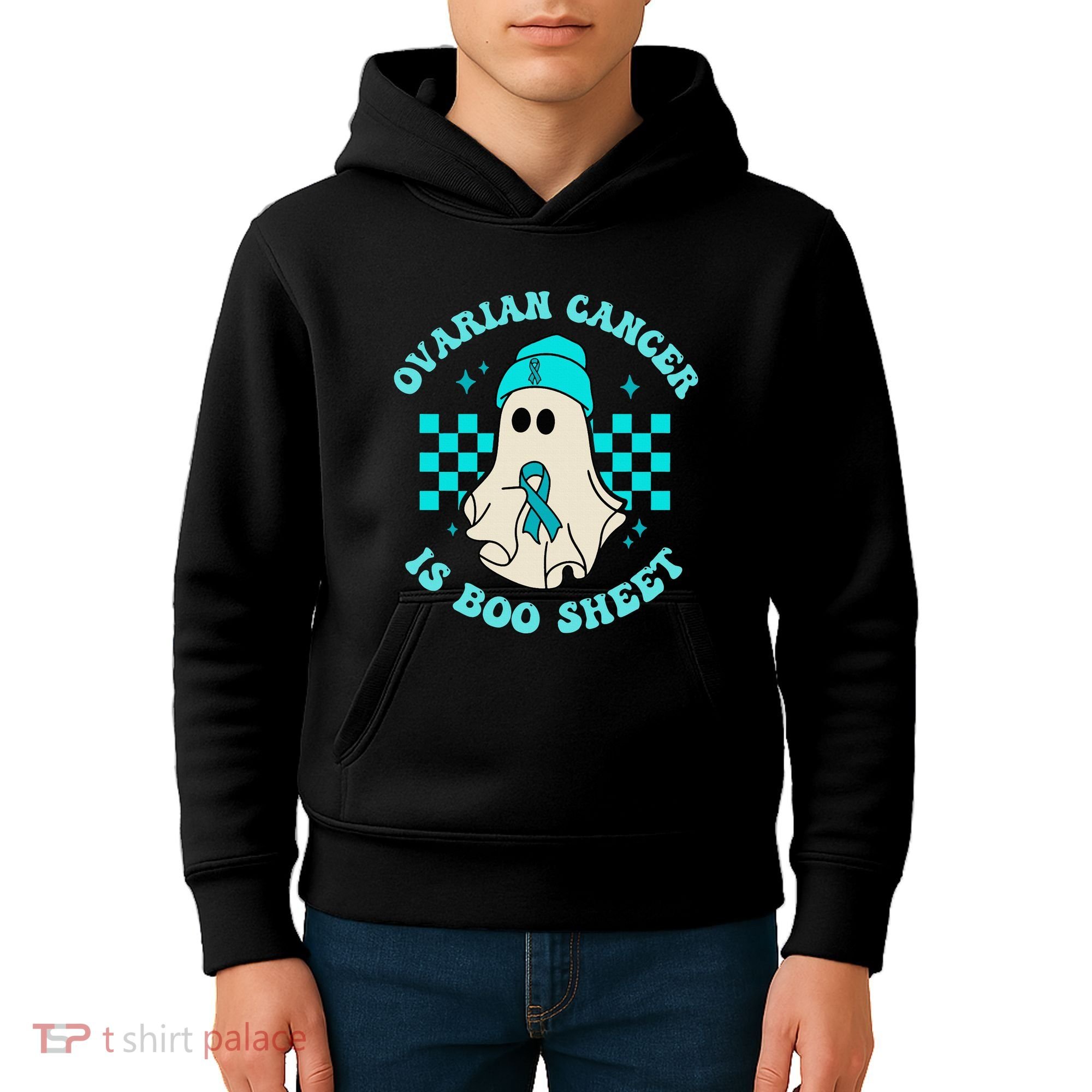 Cute Ovarian Cancer Is Boo Sheet Halloween Ghost Teal Ribbon Kids Hoodie