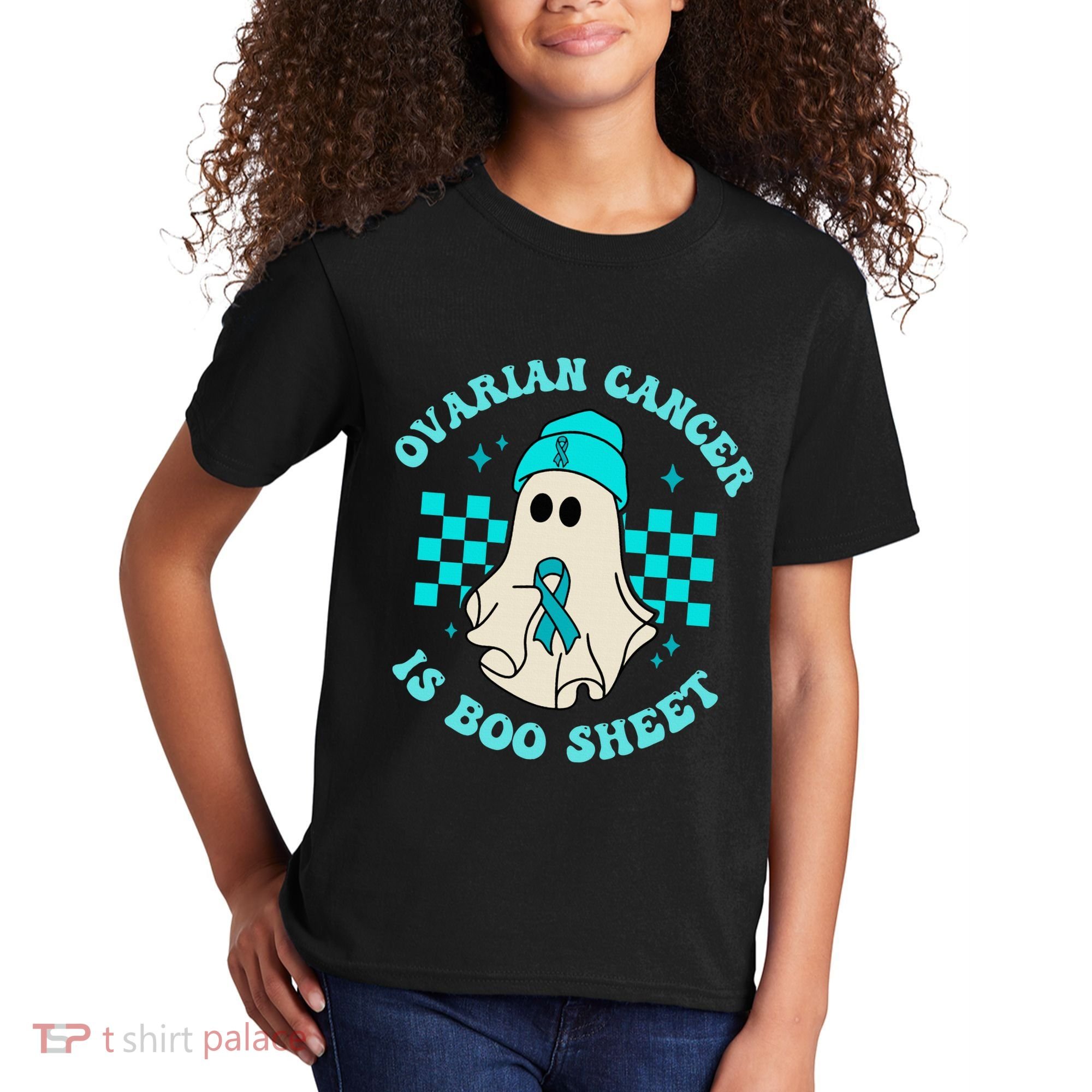 Cute Ovarian Cancer Is Boo Sheet Halloween Ghost Teal Ribbon Kids T-Shirt
