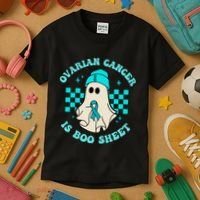 Cute Ovarian Cancer Is Boo Sheet Halloween Ghost Teal Ribbon Kids T-Shirt thumb 3