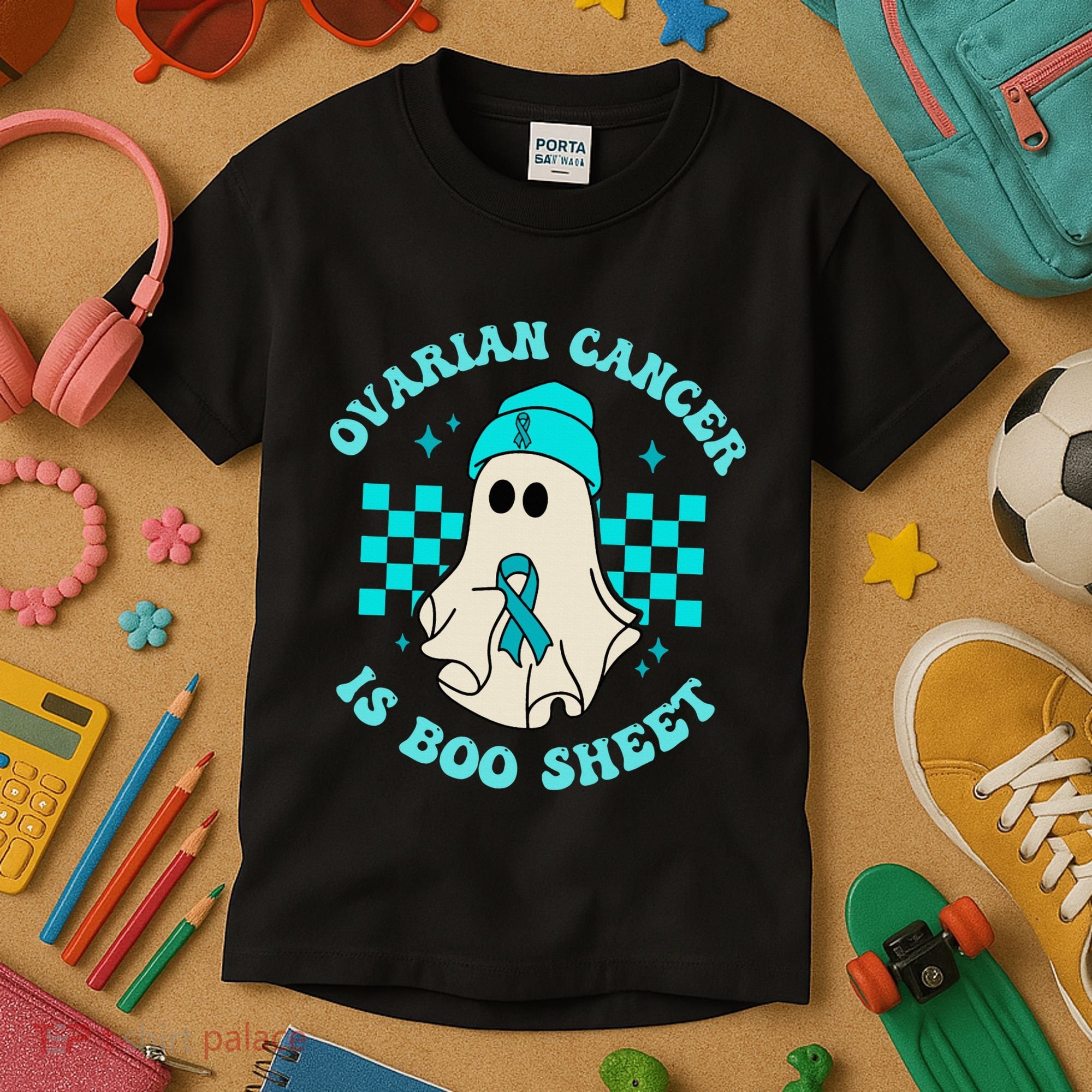 Cute Ovarian Cancer Is Boo Sheet Halloween Ghost Teal Ribbon Kids T-Shirt